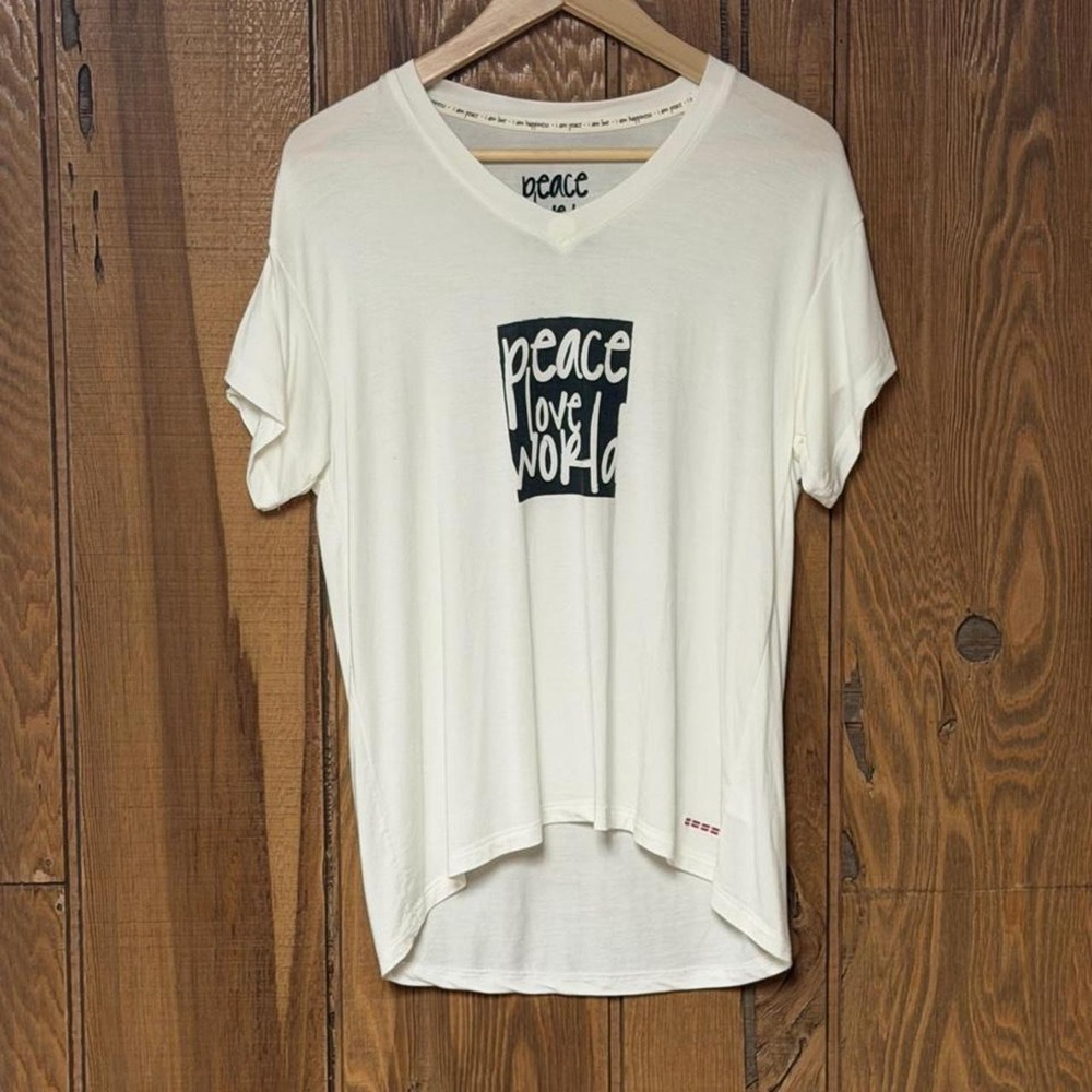 Peace Love World white v neck graphic trendy tee with black 'peace love world